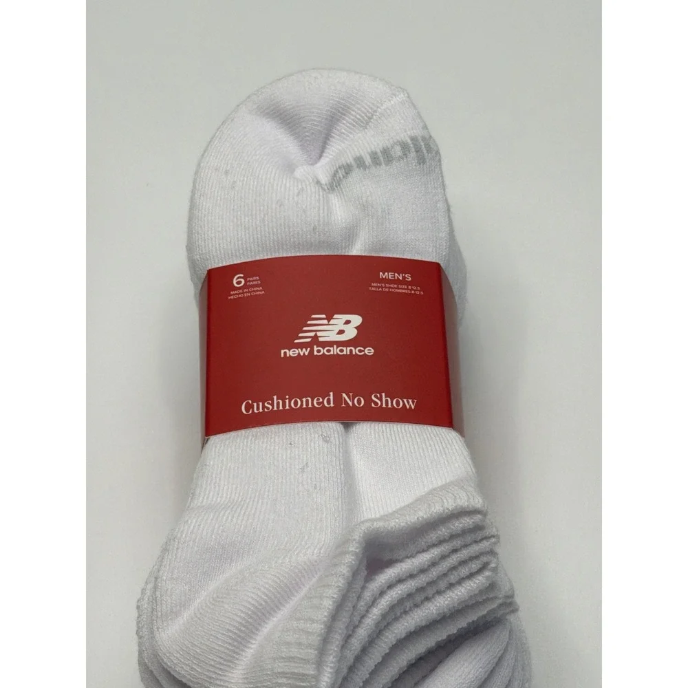 New Balance Men's 6 Pack White Cushioned No Show Socks‎ Athletic L